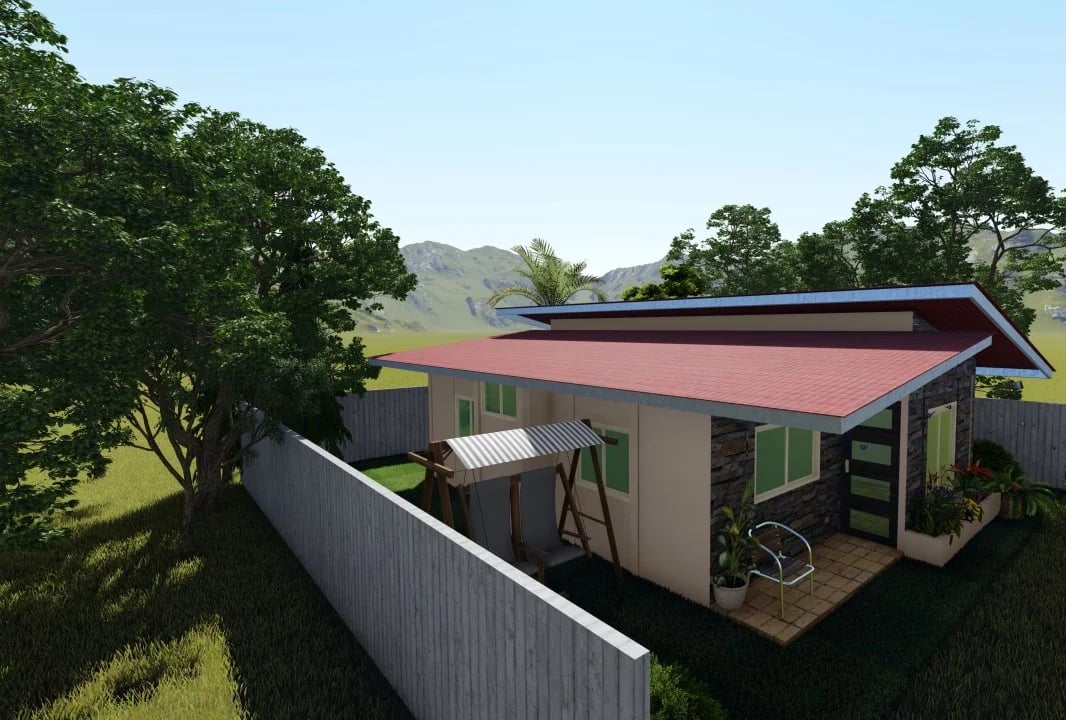 Render exterior de casa prefabricada con techo rojo y cercado en entorno con montañas al fondo