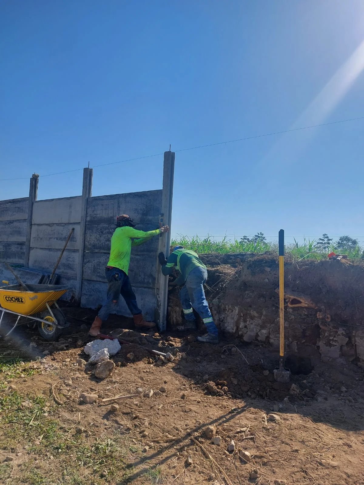 Operarios instalando muro perimetral con carretilla junto a campo de caña en zona agrícola
