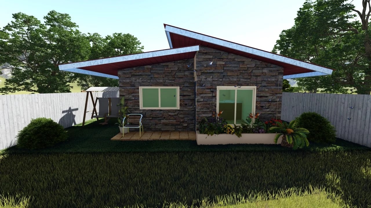 Render frontal de casa prefabricada con fachada revestida en piedra natural y techo rojo