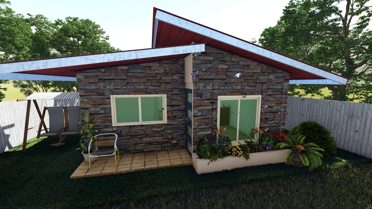 Render lateral de casa prefabricada con fachada en piedra y jardín delantero con valla blanca
