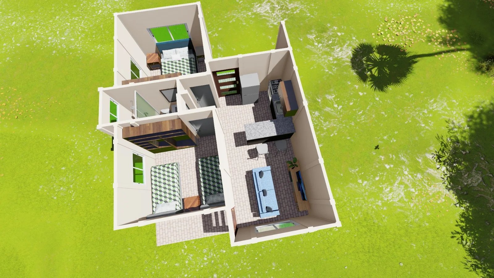 Vista aérea de plano 3D de casa prefabricada con dos habitaciones, sala y terraza techada