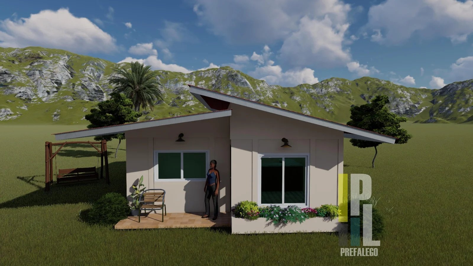 Render de casa prefabricada modelo Prefalego en entorno con montañas y vegetación natural