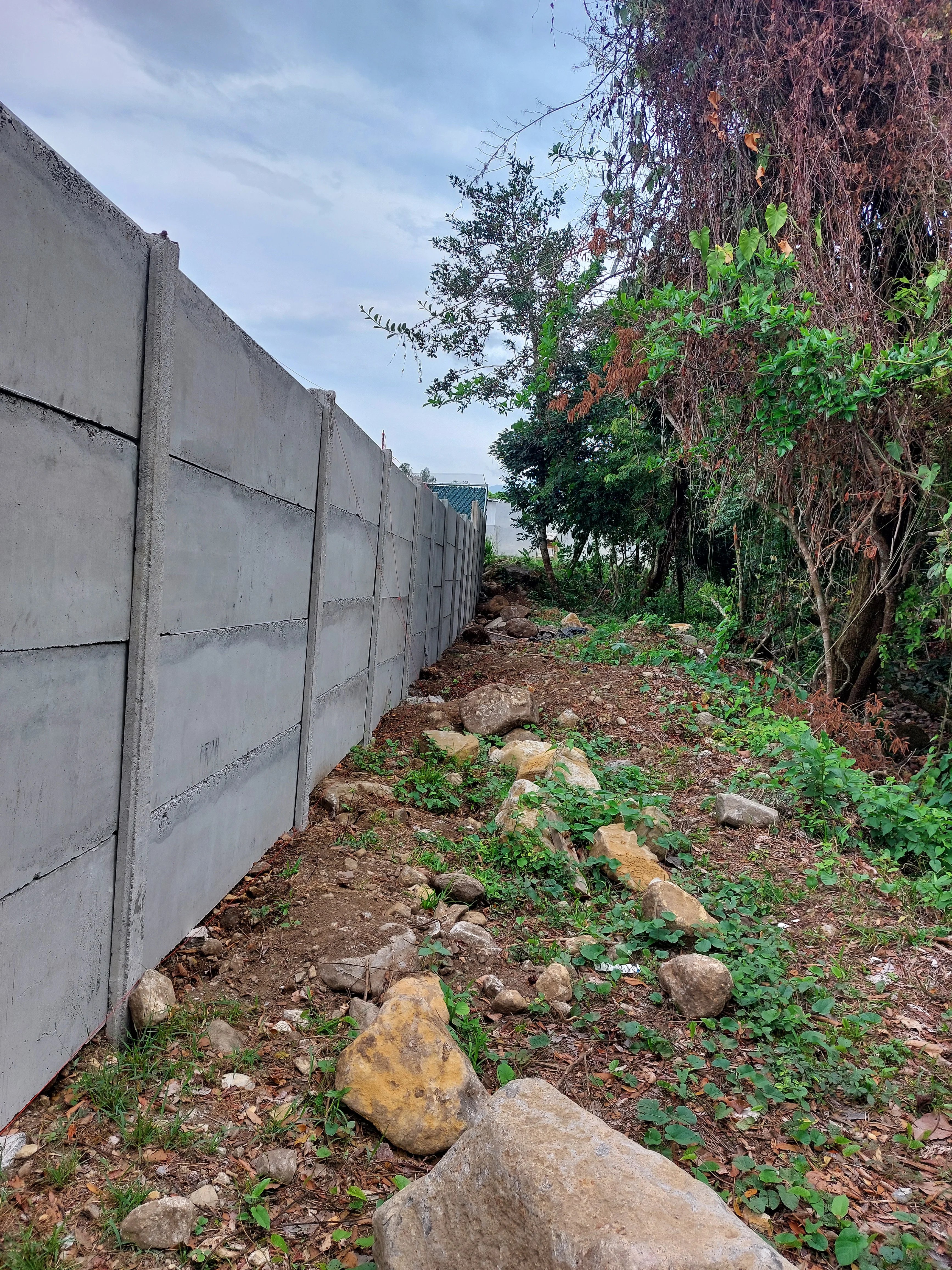 Muro perimetral prefabricado instalado a lo largo de terreno con vegetación y piedras al pie