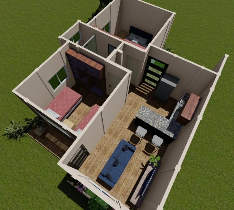 Vista aérea de plano 3D interior de casa prefabricada de dos habitaciones con cocina abierta
